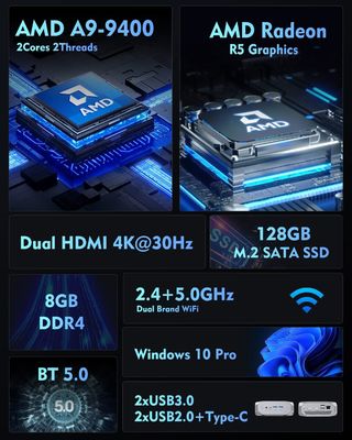 4K AMD 라이즈엔 A9 9400 아푸 리눅스 미니 pc 우분투 8GB RAM 128GB SSD